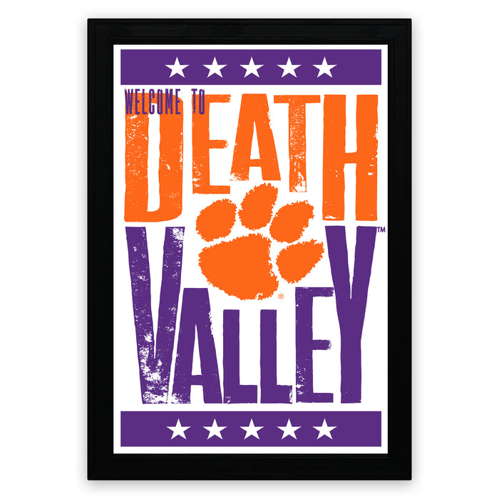 The image is a framed poster with the text "Welcome to Death Valley" and an orange paw print symbol.