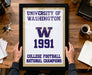 A framed poster with the text "UNIVERSITY OF WASHINGTON" and "W 1991" is being held by a person's hands, with a wooden desk and various items in the background.