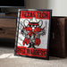 A framed poster featuring a cartoon character with a mustache and a gun, representing the Texas Tech Red Raiders football team.