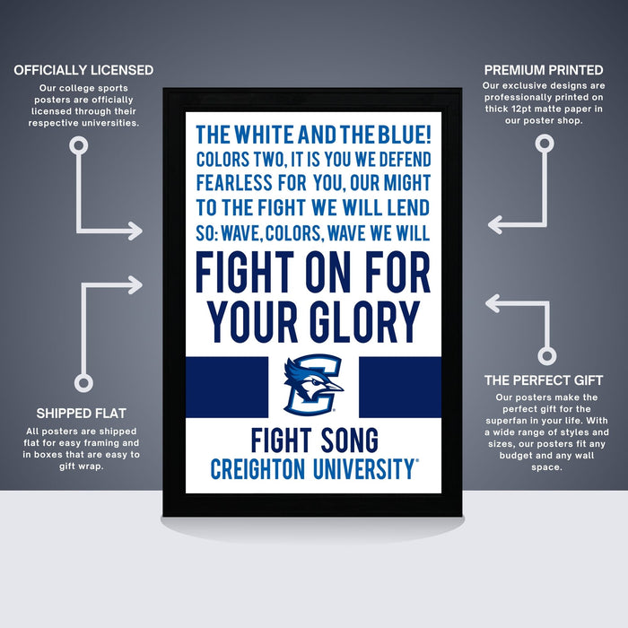 The image is a poster for the college sports team at Creighton University. It features a message encouraging students to fight for their glory, with a focus on the colors white and blue. The poster is officially licensed and is a premium printed poster, offering a perfect gift for any college sports fan. The poster is shipped flat and comes in boxes that are easy to gift wrap.