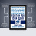 The image is a poster for the college sports team at Creighton University. It features a message encouraging students to fight for their glory, with a focus on the colors white and blue. The poster is officially licensed and is a premium printed poster, offering a perfect gift for any college sports fan. The poster is shipped flat and comes in boxes that are easy to gift wrap.