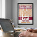 a framed poster with a motivational message about Virginia Tech, accompanied by a laptop and a person's hands on a desk.