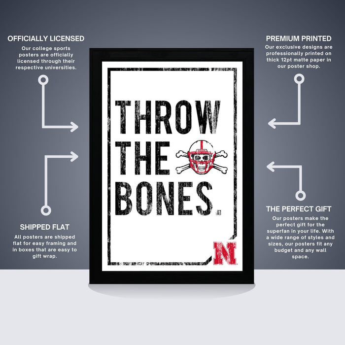 The image is a poster featuring the text "THROW THE BONES" with a skull and crossbones symbol. The poster is described as "OFFICIALLY LICENSED" and "PREMIUM PRINTED", indicating that it is a professionally printed poster. The poster is also described as "SHIPPED FLAT" and "ALL POSTERS ARE SHIPPED FOR EASY Folding and in boxes that are easy to gift wrap."