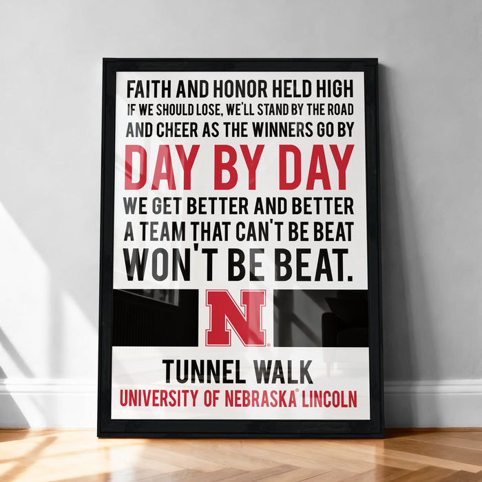 The image is a framed poster with motivational text, including a quote about faith, honor, and perseverance.