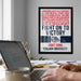 a framed poster with a motivational message about fighting for victory, displayed on a wall in a room with a desk and laptop in the foreground.