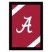 a framed poster with a red background and a white diagonal stripe. The poster prominently displays the letter "A" in a stylized font.