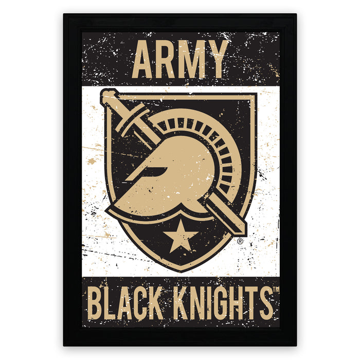 The image is a framed poster featuring the logo of the Army Black Knights, which includes a shield with a helmet and a sword.