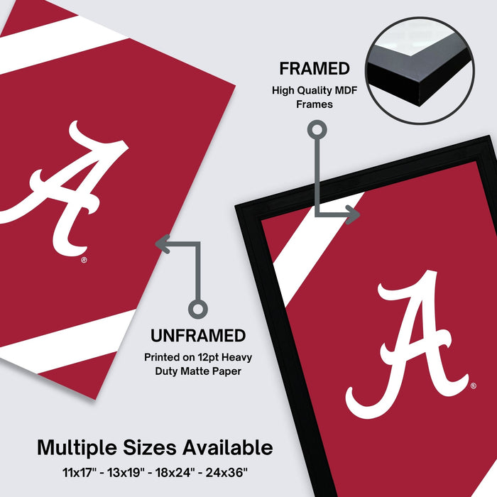 The image is a promotional graphic for framed and unframed prints of the Alabama football team logo. It features two framed and two unframed images of the team logo, along with text indicating the quality of the frames and the available sizes.