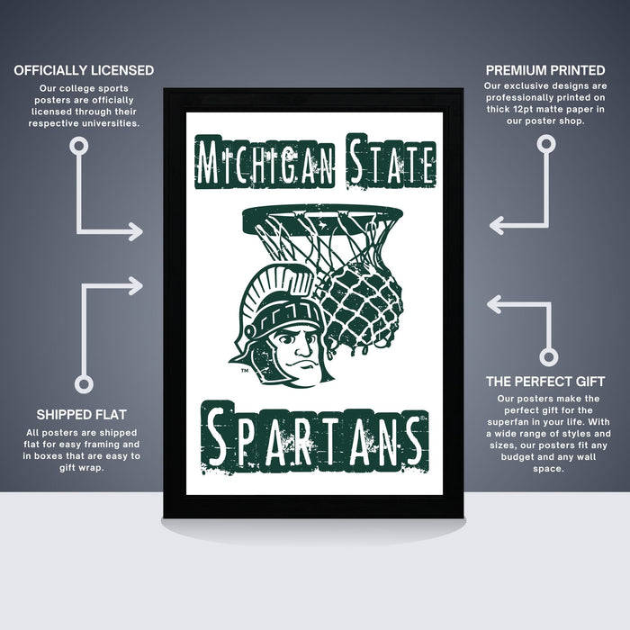 The image is a framed poster featuring the Michigan State Spartans logo, with text and arrows indicating the features of the poster.