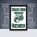 The image is a framed poster featuring the Michigan State Spartans logo, with text and arrows indicating the features of the poster.