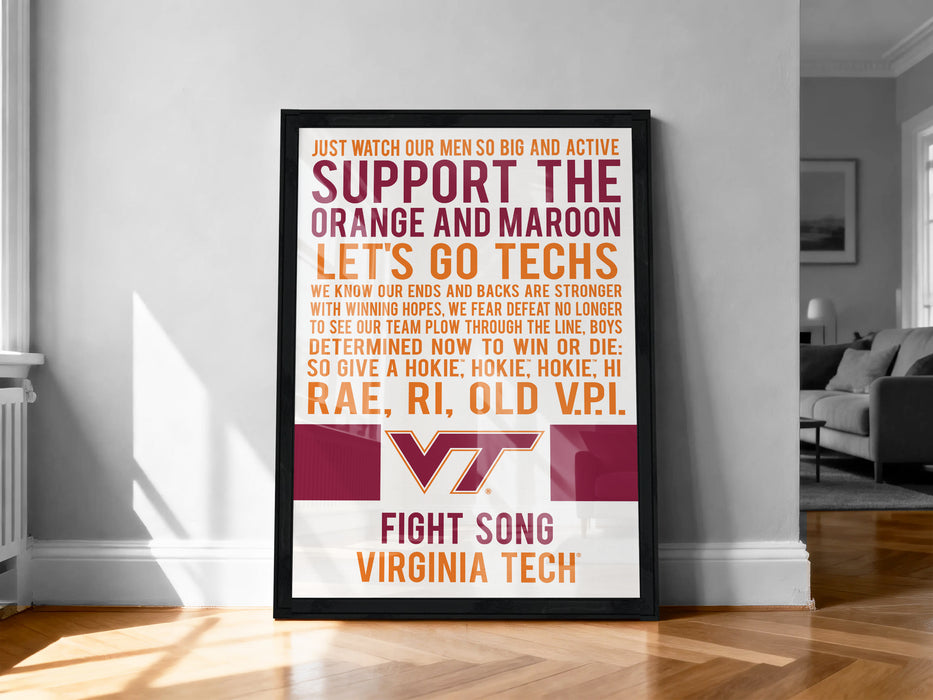 The image is a framed poster with text that reads "Just watch our men so big and active. Support the orange and maroon. Let's go techs. We know our ends and backs are stronger with a woman hope. We fear no defeat. We see our team plow through the line. Boys determined now to win or die. So give a hokey, hokey, hi! Rae, R.I.O.L.D. VPI. Fight song. Virginia Tech"