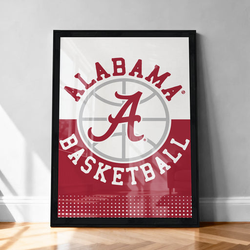 A framed poster of the Alabama basketball team logo, featuring the team's name and logo prominently displayed.
