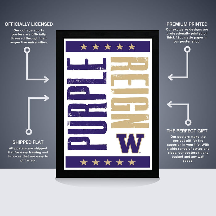 The image is a poster for Purple Reign University, featuring a large text design with a purple background and gold accents. The poster is described as " Officially licensed" and "Premium printed", indicating that it is a high-quality, professionally printed poster. The poster is also described as "Shipped flat" and "The perfect gift", suggesting that it is a thoughtful and practical gift option for students or university staff.