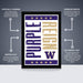 The image is a poster for Purple Reign University, featuring a large text design with a purple background and gold accents. The poster is described as " Officially licensed" and "Premium printed", indicating that it is a high-quality, professionally printed poster. The poster is also described as "Shipped flat" and "The perfect gift", suggesting that it is a thoughtful and practical gift option for students or university staff.