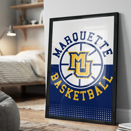 A framed poster of the Marquette University basketball team logo is displayed on a wall in a bedroom.