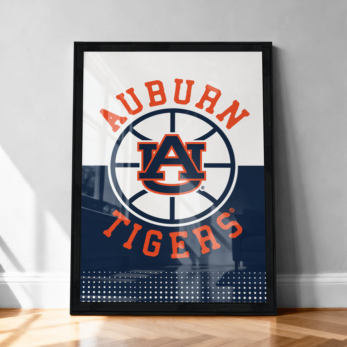 A framed poster with the text "AUBURN TIGERS" prominently displayed, featuring the Auburn Tigers logo.