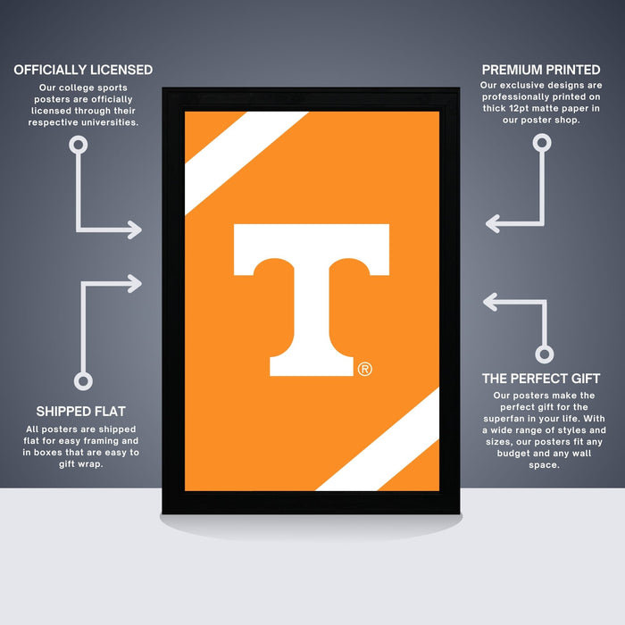 The image is a promotional poster for college sports posters, featuring the logo of the University of Tennessee. The poster is labeled as " Officially Licensed" and " Premium Printed", indicating that it is a professionally printed poster with a thick 12pt matte paper. The poster is described as a "Shipped Flat" and "The Perfect Gift", suggesting that it is a high-quality product that can be easily packaged and used as a gift.