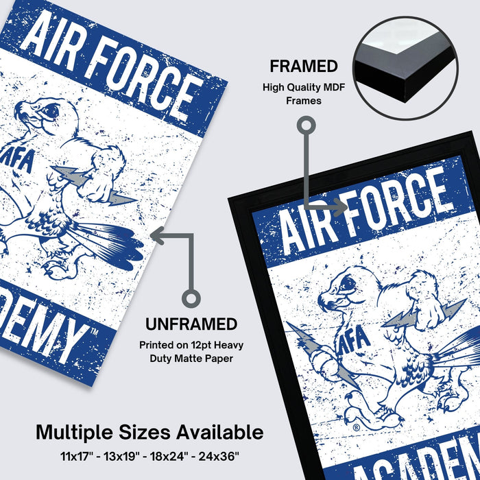 The image is a promotional poster for the Air Force Academy, featuring a bird character and text. It is a framed poster with high-quality MDF frames, and it is an unframed poster with printed on 12pt heavy duty matte paper. Multiple sizes are available, including 11x17 - 13x24 - 18x24 - 24x36" frames.
