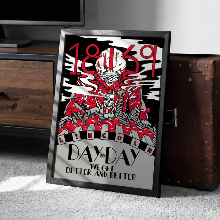 The image is a framed poster with a red and black design featuring a skull and various symbols, including the text "1869" and "LINCOLN DAY BY DAY".