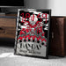 The image is a framed poster with a red and black design featuring a skull and various symbols, including the text "1869" and "LINCOLN DAY BY DAY".