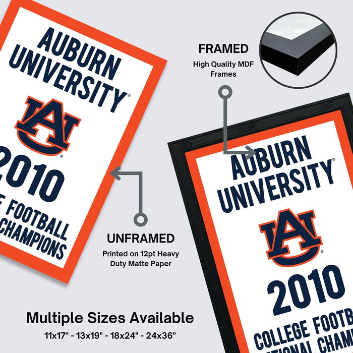 The image is a framed poster for Auburn University's football championship, featuring the text "Auburn University" and "2010" along with the Auburn logo. The poster is framed in high-quality MDF frames, and it is available in multiple sizes, including 11x17" to 24x36" and 13x19" to 24x36" frames.
