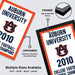 The image is a framed poster for Auburn University's football championship, featuring the text "Auburn University" and "2010" along with the Auburn logo. The poster is framed in high-quality MDF frames, and it is available in multiple sizes, including 11x17" to 24x36" and 13x19" to 24x36" frames.