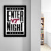 a framed poster with the text "ENTER NIGHT" and a Virginia Tech logo, hanging on a wall.