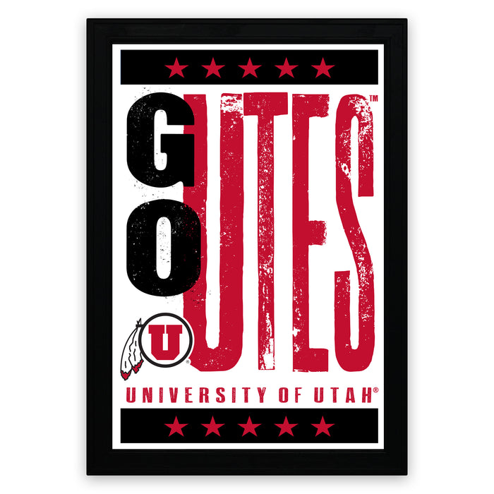 The image is a framed poster featuring the text "GO OUT" in large, bold letters, with a smaller "U" symbol and the text "UNIVERSITY OF UTAH" below.