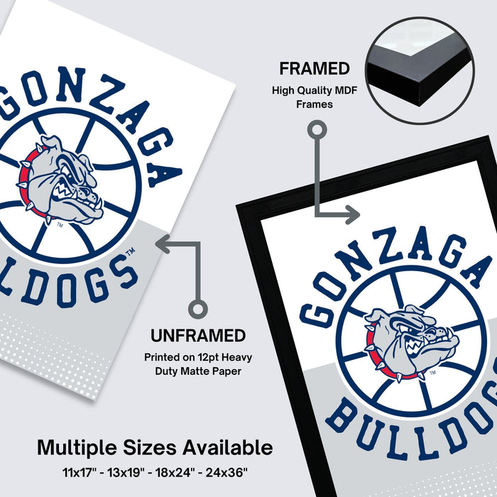 The image is a promotional graphic for Gonzaga Bulldogs, featuring a close-up of the team's logo on a basketball-themed paper. The text indicates that the image is a framed print, with the frame being high-quality and the paper being printed on a heavy duty matte paper. The image also displays multiple sizes available, including 11x17, 13x19, 18x24, and 24x36" frames.