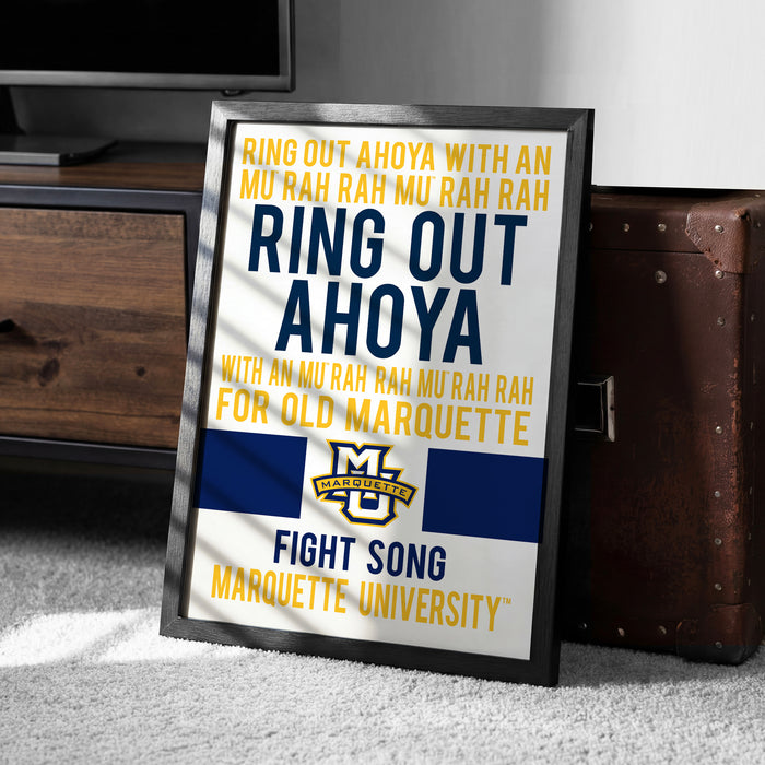 a framed poster with text and logos related to Marquette University.