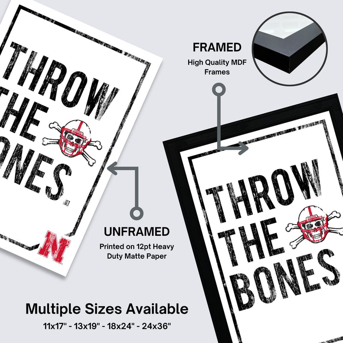The image is a framed poster with the text "THROW THE BONES" printed on it. The poster is framed with a high-quality MDF frame, and it is described as an unframed printed on 12pt heavy duty matte paper. Multiple sizes are available, including 11x17 - 13x19 - 18x24 - 24x36", and the poster is described as a collage of multiple images.
