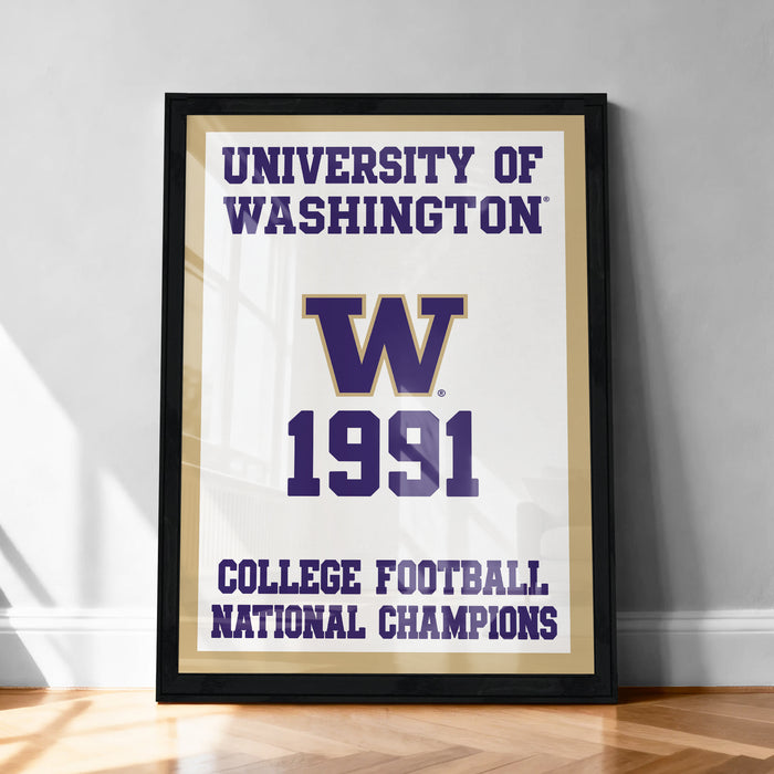 The image is a framed poster celebrating the University of Washington's 1991 College Football National Champions.