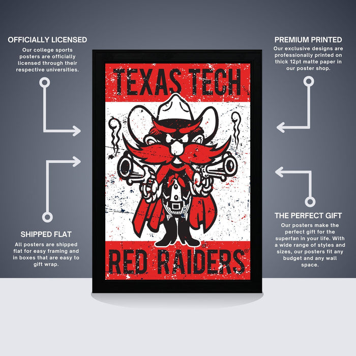 The image is a poster for the Texas Tech Red Raiders, featuring a cartoon character with a cowboy hat and mustache. The poster is described as " Officially licensed" and "Premium printed", indicating that it is a professionally printed poster with a high-quality design. The poster is also described as "The perfect gift" and "Shipped flat", suggesting that it is a convenient and attractive gift option.