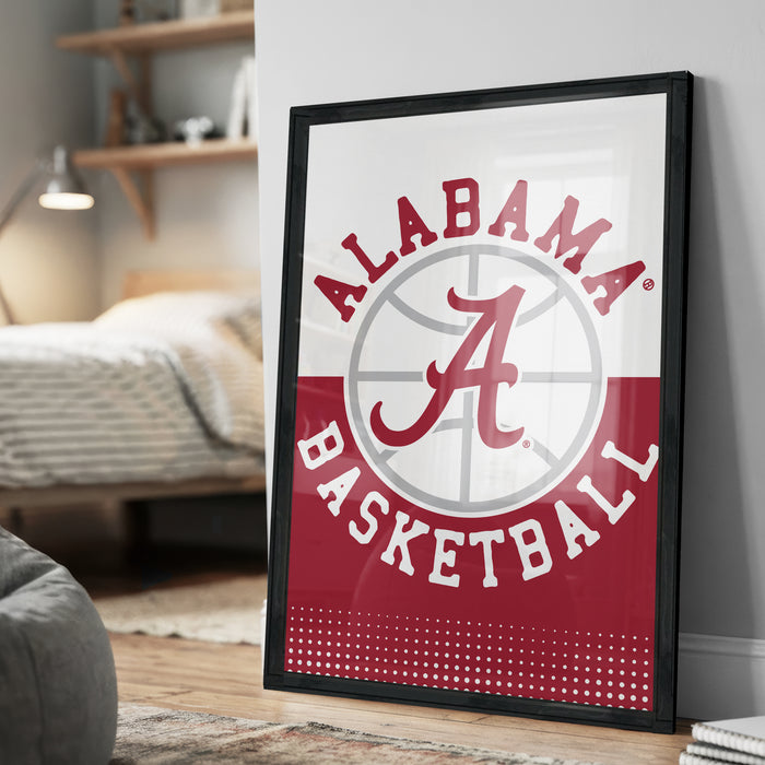 A framed poster of the Alabama basketball team logo is displayed on a wall in a bedroom.