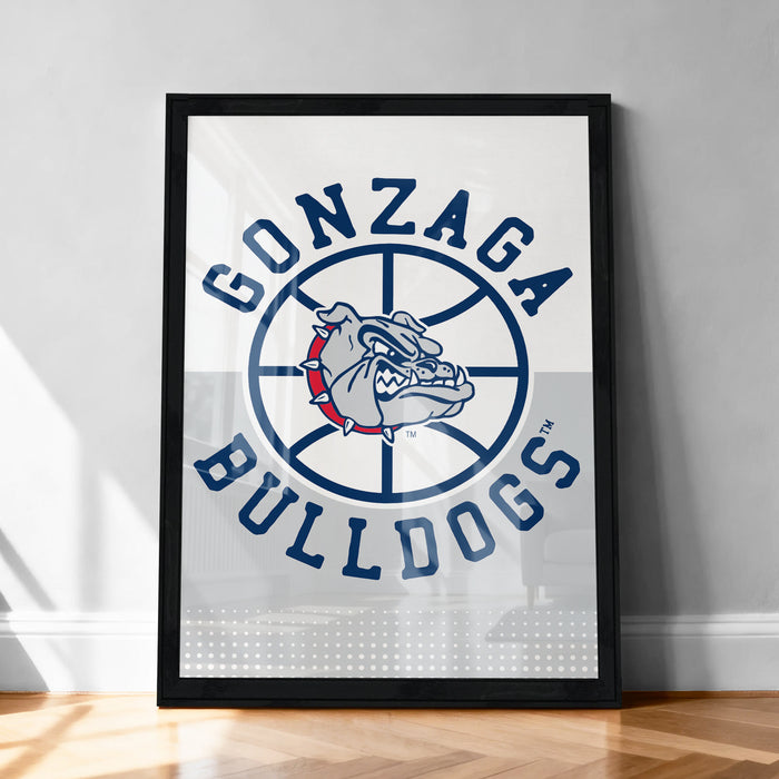 A framed poster with the text "GONZAGA BULLDOGS" and a graphic of a bulldog on a basketball.