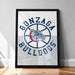A framed poster with the text "GONZAGA BULLDOGS" and a graphic of a bulldog on a basketball.