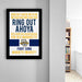 a framed poster with text and logos, hanging on a wall in a room.