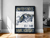 A framed poster of a naval emblem, with text that reads "UNITED STATES NAVAL ACADEMY EST. 1845".
