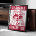 A framed poster featuring the Alabama Crimson Tide football team logo and text, with a vintage, distressed appearance.