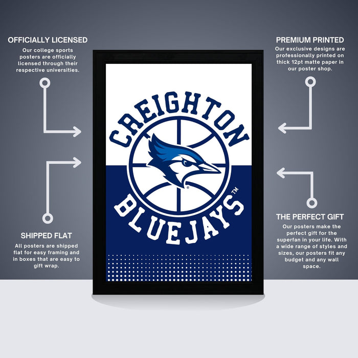 The image is a promotional poster for the college sports team, the Creighton Bluejays. It features the team's logo and text, along with information about the poster's features.