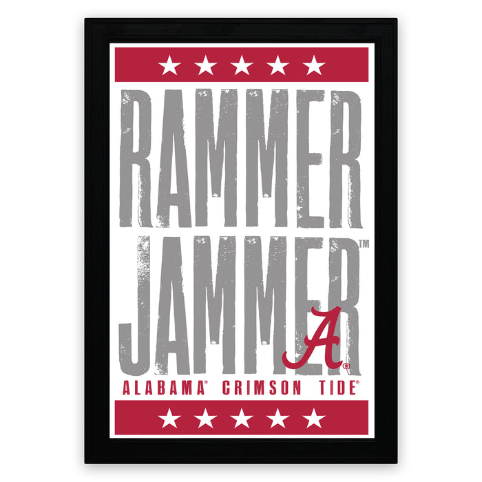 The image is a framed poster featuring the text "RAMMER JAMMER" in a bold, distressed font, with a red and white border. Below the text, it says "ALABAMA'S CRIMSON TIDE".