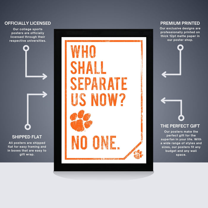 The image is a poster with the text "Who shall separate us now?" and an orange paw print. The poster is described as " Officially licensed" and "Premium printed", indicating that it is a professionally printed poster. The poster is also described as "Shipped flat" and "The perfect gift", suggesting that it is a gift item.