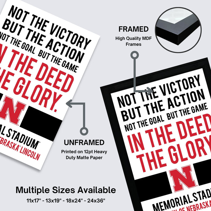The image is a framed poster with text and graphics, including a black and white photo of a stadium and a graphic of a goal.