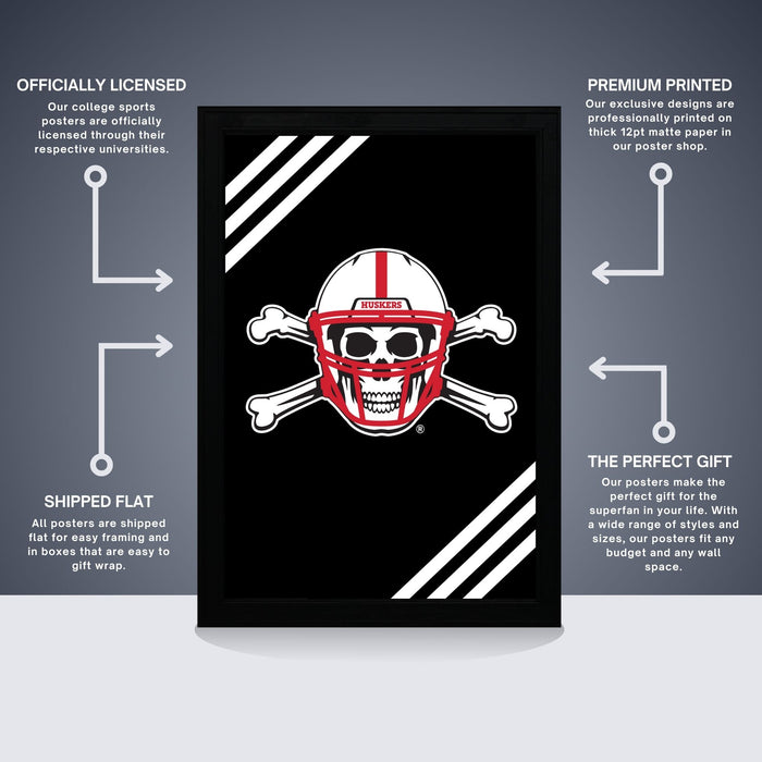 The image is a poster featuring a skull and crossbones design with text and arrows indicating the features of the poster.