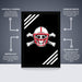 The image is a poster featuring a skull and crossbones design with text and arrows indicating the features of the poster.