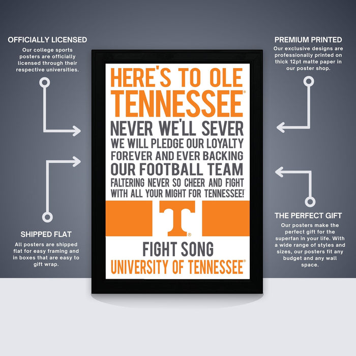 The image is a framed poster from the University of Tennessee's Fight Song, featuring a message about Tennessee's football team and their loyalty to the state.