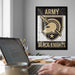 a poster of the Army Black Knights on the wall, with a laptop and a coffee cup on a desk in the foreground.