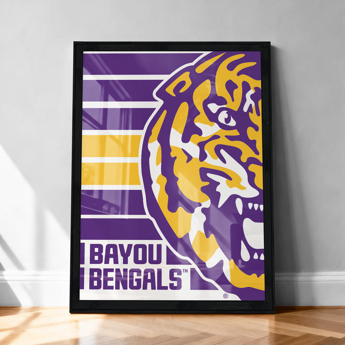 The image is a framed poster featuring the logo of the Louisiana State University Football team, specifically the Bayou BENGALS.