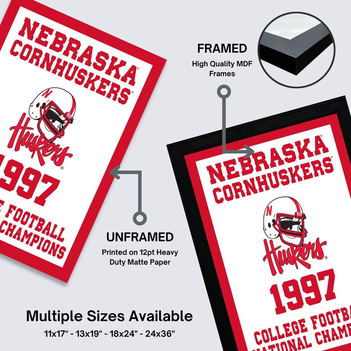 The image is a framed poster for the Nebraska Cornhuskers, featuring the team's football championship title from 1997.