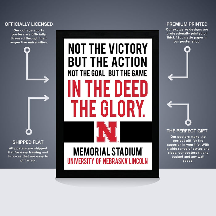 The image is a poster for the Memorial Stadium at the University of Nebraska Lincoln, featuring a message about the importance of the game over the victory itself.